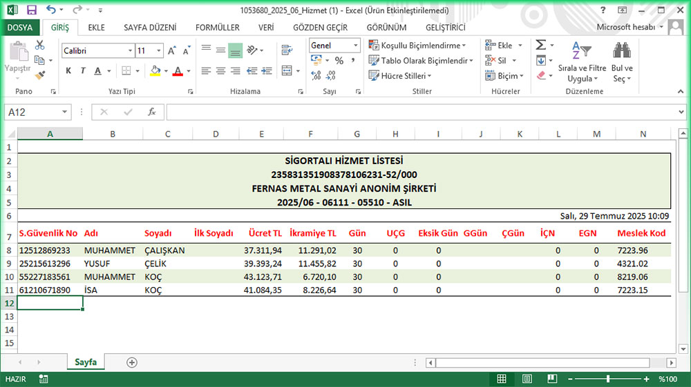 SGK Hizmet Listesi Excel