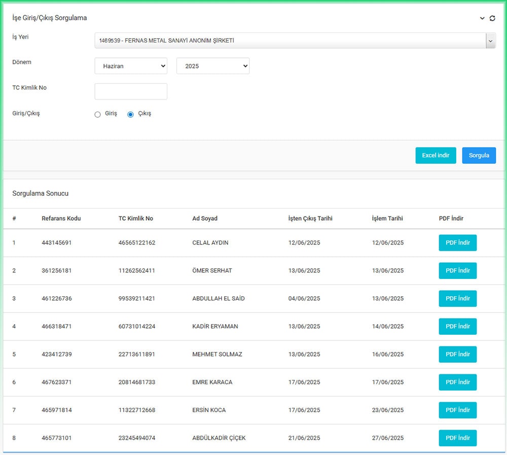 SGK İşe Giriş Çıkış Listesi