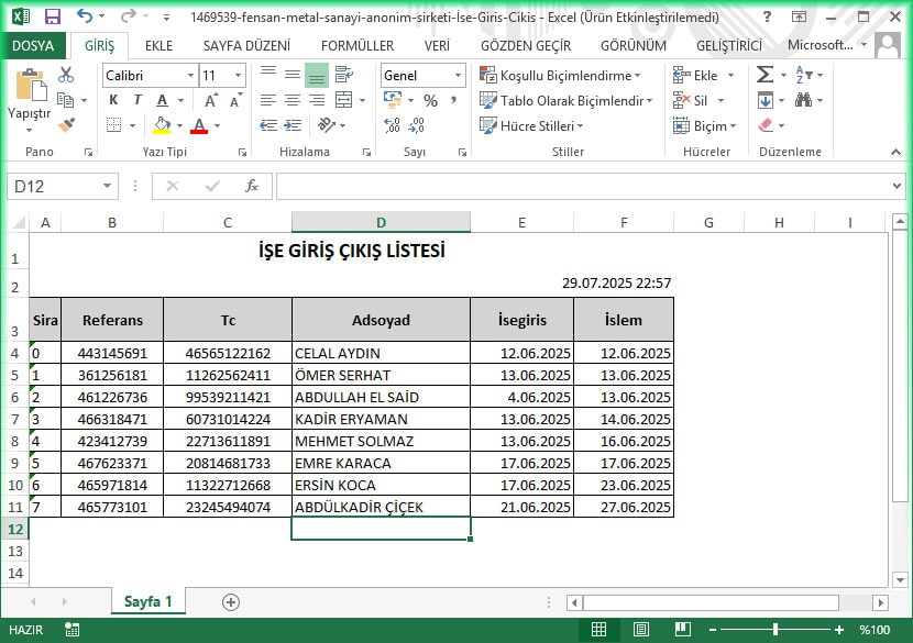 SGK İşe Giriş Çıkış Listesi Excel SGK İşe Giriş Çıkış Listesi Excel