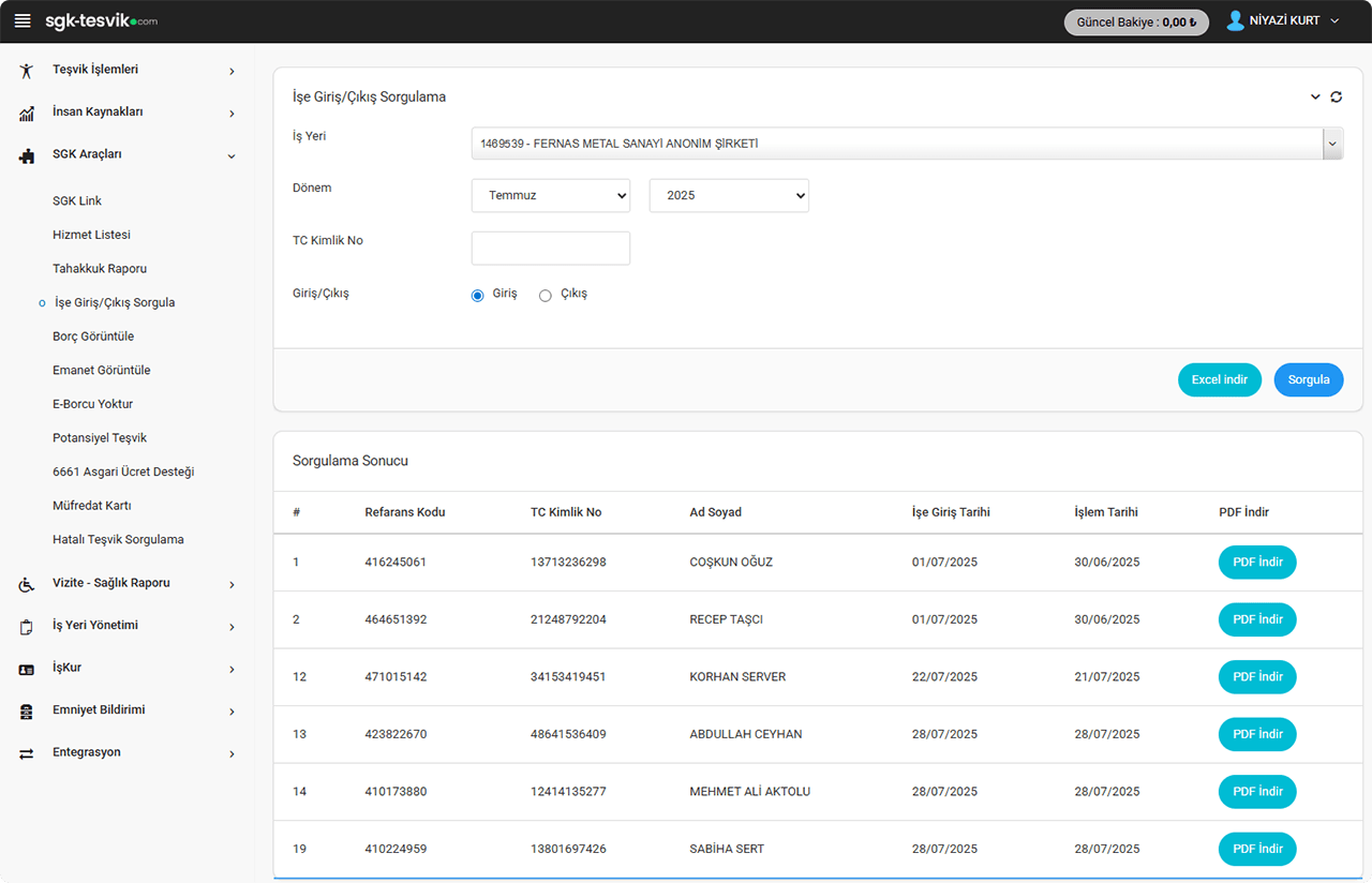 SGK İşe Giriş Çıkış Listesi