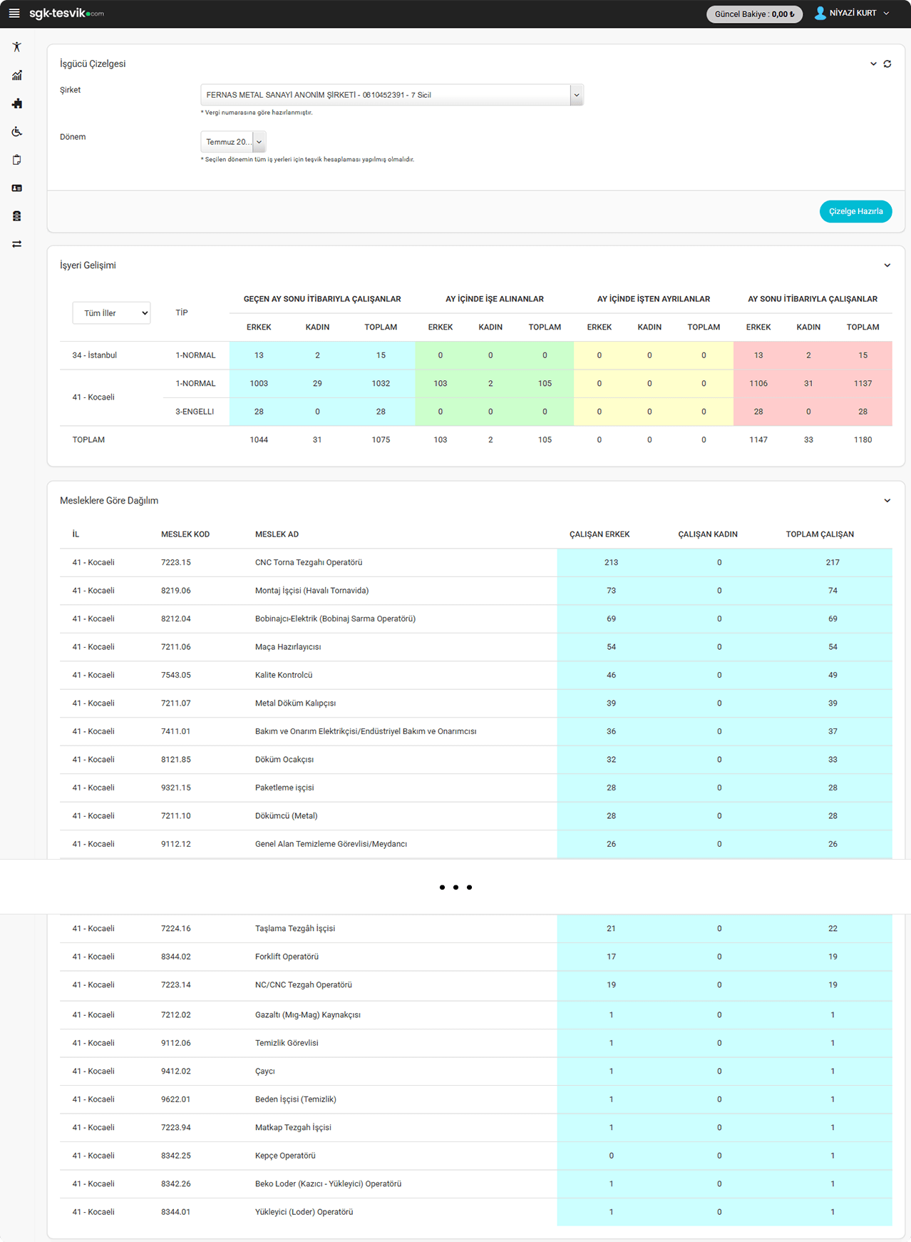 İşkur İşgücü Çizelgesi